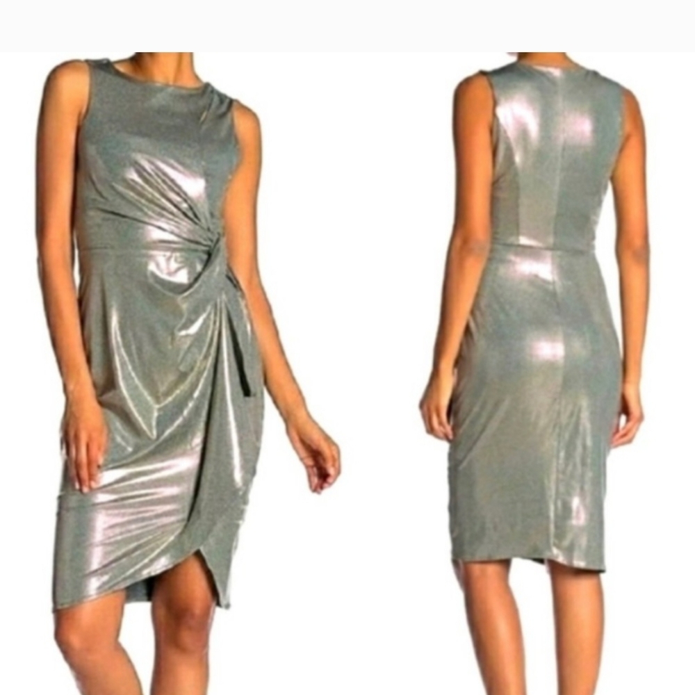 Superfoxx Shimmery Silver Metallic Knotted Front Cocktail Party Dress, Size S